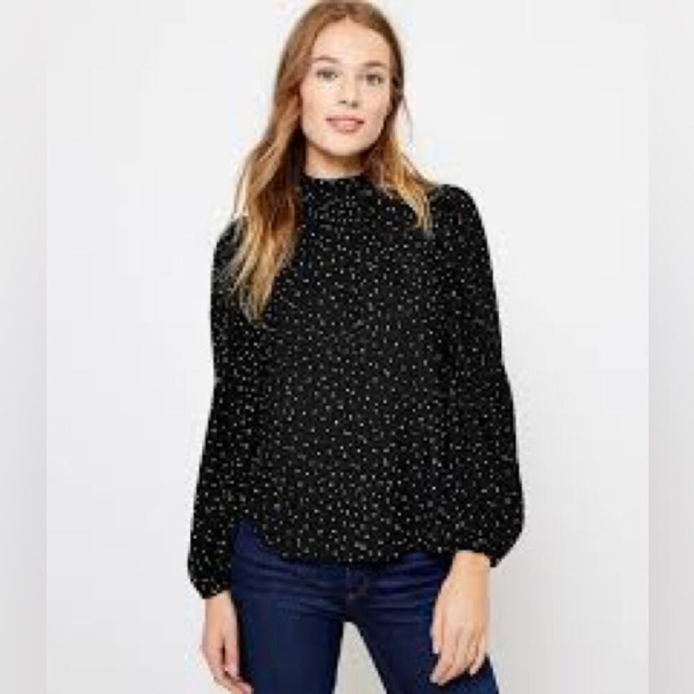 Loft Dotted Knit Blouse Small Black White Polka Dot